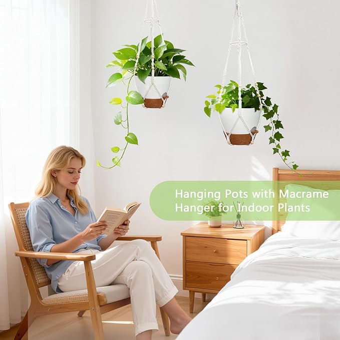 Hanging Planters for Indoor Plants: 2 Pack Macrame Plant Hangers with Grow Lights and Self-Watering Pots, 10 Inch Large Hanging Pots with Drainage Holes & Removable Tray