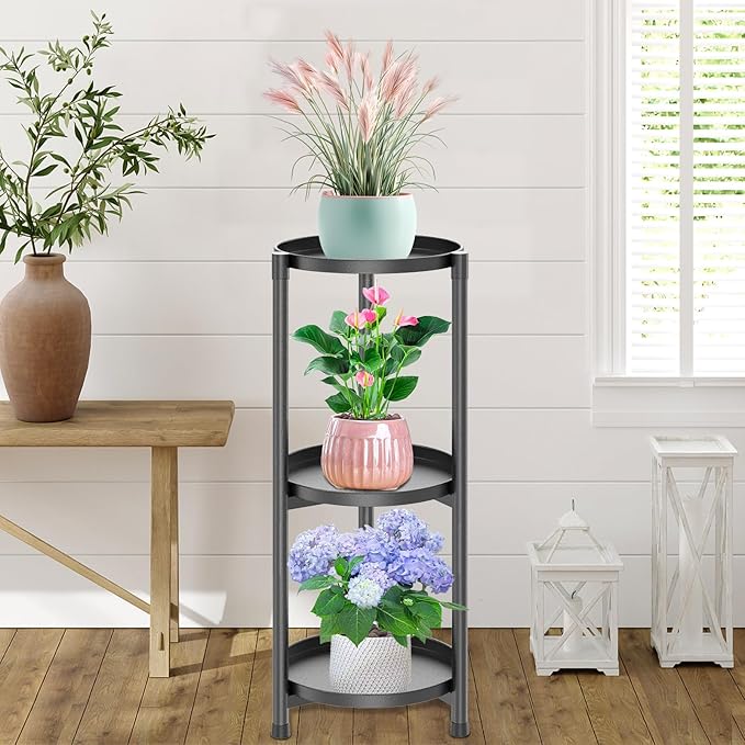3 Tiered Plant Stand Indoor Outdoor, Metal Corner Plant Stand Plant Shelf Tables, Heavy Duty Flower Shelf Display Rack for Indoor Living Balcony Patio Garden Bedroom Classroom, Black (Black-A)