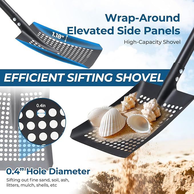 Beach Sifter Sand Scoop for Treasure Hunting, 47" Adjustable Metal Sand Sifter Shovel with Comfort Grip, High Sides for Shells & Relics