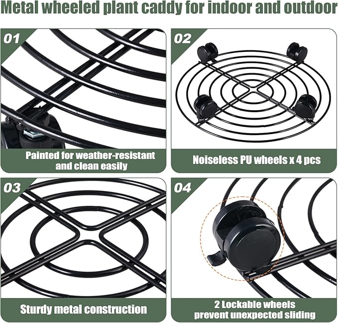 6 Packs 12 Inches Large Metal Plant Caddy with Wheels Rolling Plant Stands Heavy-duty Wrought Iron Plant Roller Base Pot Movers Plant Saucer on Wheels Indoor Outdoor Plant Dolly with Casters Planter Tray Coaster