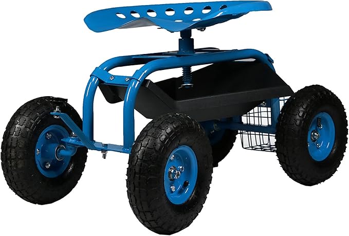 Sunnydaze Rolling Garden Cart with Seat - Garden Stool with Wheels and Adjustable 360-Degree Swivel Seat - Utility Tool Tray and Storage Basket - Blue