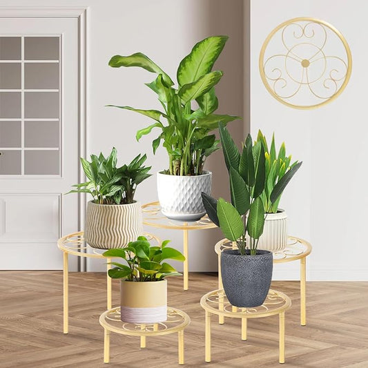 5-piece set of metal plant potted flower racks, heavy-duty flower pot plant racks of different sizes, iron flower racks, suitable for indoor and outdoor home decoration (Gold)