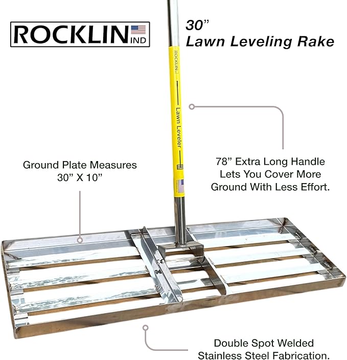 Rocklin™ Lawn Leveling Rake | Stainless Steel Surface Leveling Tool | Level Soil or Dirt Ground Surfaces Easily | 30” x 10” Ground Plate | 78” Extra Long Handle