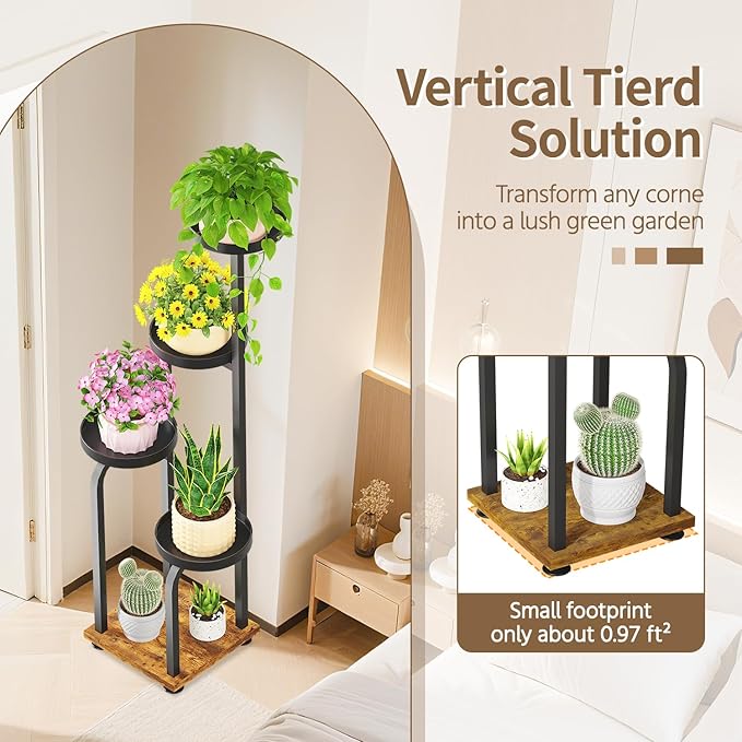 LASZOLA Black 5 Tiered Tall Plant Stand Indoor with Heavy Duty Metal Tray, Large Multi Level Vertical Planter Rack for Narrow Corner, Sturdy Rustic Tall Orchid Flower Shelving Holder for House Decor