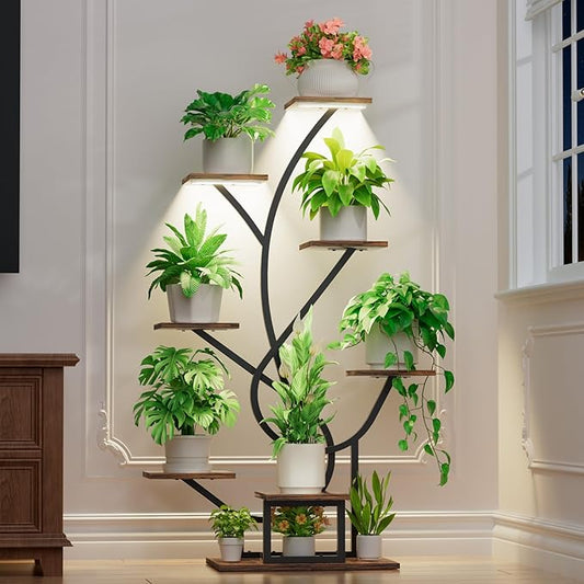 Plant Stand Indoor with Grow Lights - 8 Tiered Corner Plant Shelf Indoor, 50" Tall Lighted Plant Stand for Indoor Multiple Plants, Flower Stands Display Rack Holder for House, Patio, Black