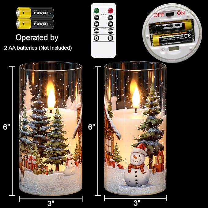 GenSwin Christmas Flameless Candles with Remote Timer, Set of 2 Christmas LED Glass Battery Operated Candles with Cedar, Snowman, Reindeer, Snowy House Decals for Holiday Winter Home Decor(D3” x H6”)
