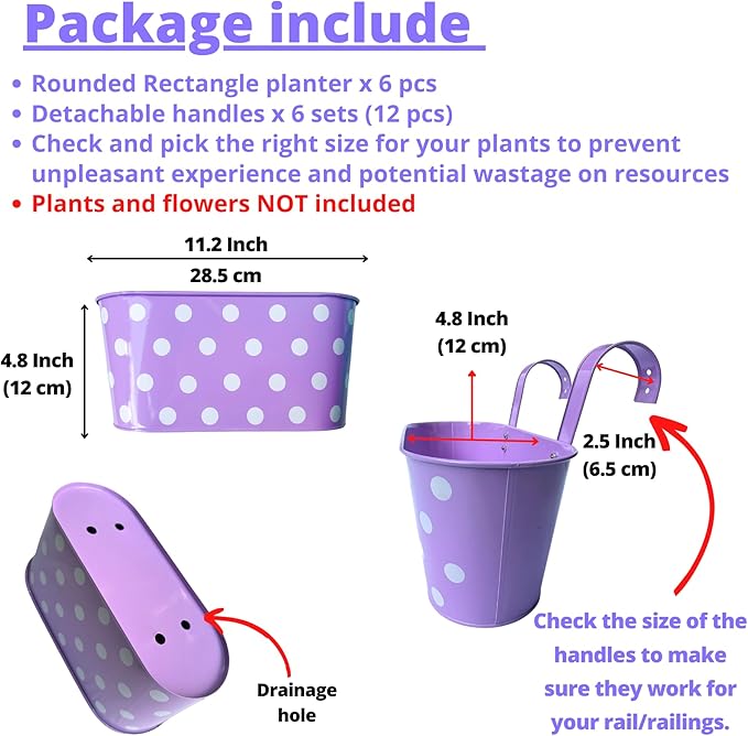 LaLaGreen Rail Planter for Deck Railing (11.2 Inch, 6 Pack) Colorful Metal Iron Hanging Flower Pots, Polka Dot and Strawberry Fence Garden Cute Balcony Box Plant Holder with Hooks Bucket Hang Porch