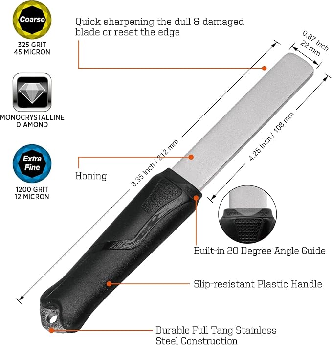 SHARPAL 121N Dual-Grit Diamond Sharpening Stone File Garden Tool Knife Sharpener with Angle Guide Coarse 325 / Extra Fine 1200 Grit for Lawn Mower Blade, Axe, Hatchet, Hedge Shears, Chisels, Drills
