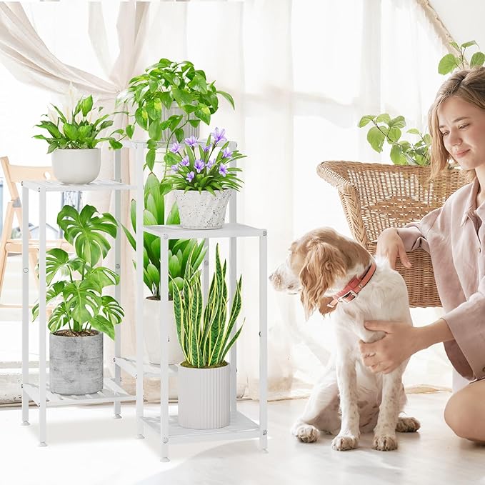 iDavosic.ly 6 Tier Plant Stand Indoor with Wheels, Metal Tiered Corner Flower Holder Shelf Outdoor for Large Pots, Tall Rolling Rack for Patio Porch Garden Balcony Living Room, White