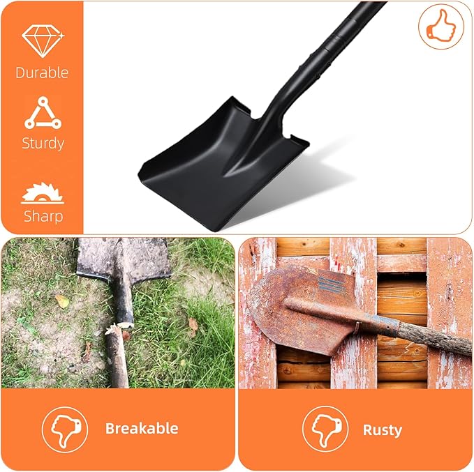 Small Square Shovel for Digging with Metal Handle, 43.3 Inch Heavy Duty Small Shovel, Trench Shovels Ideal for Digging Gardening Trenching Camping Planting Transferring, Black