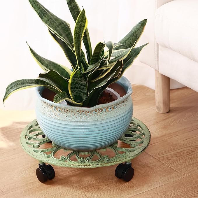 2 Packs 14 Inch Rolling Plant Stand with Wheels Metal Plant Caddy with Wheels Heavy Duty Round Plant Stand Indoor Iron Plants Rollers for Plants, Plant Dolly Retro Green