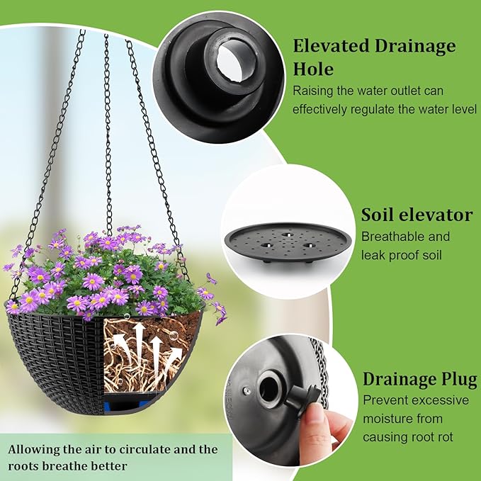 Hanging Planters for Indoor Outdoor Plants 8 and 10 Inch, 4 Packs Plant Hanger with Drainage Holes, Hanging Basket Flower Pot Perfect for Home, Office and Garden, Black