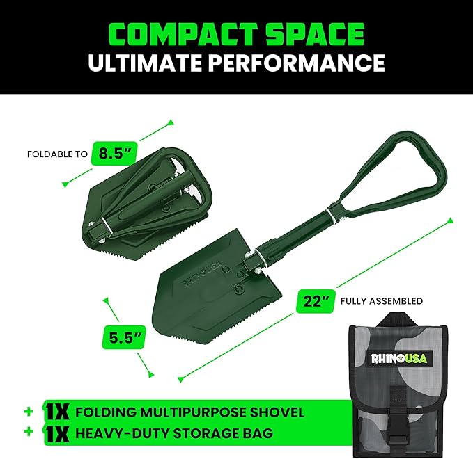 RHINO USA Folding Survival Shovel w/Pick - Heavy Duty Carbon Steel Military Style Entrenching Tool for Off Road, Camping, Gardening, Beach, Digging Dirt, Sand, Mud & Snow - Green