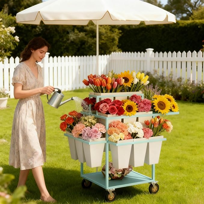 Metal Garden Cart Plant Stand with 18pcs Buckets and parasols, Slide Out Rolling Flower Display Rack, for Florist, Patio Garden, Weddings Party, Business Market (pink)