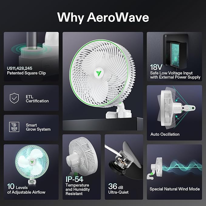 VIVOSUN AeroWave E9 Grow Tent Fan, 9" Oscillating Clip Fan with EC Motor, WiFi-Controllable US Patented Auto Circulation Tent Fan, IP54 Weatherproof, Strong Airflow & Quiet for Hydroponic Ventilation