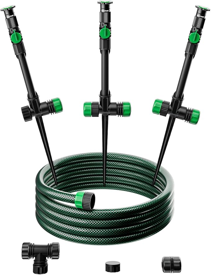 RESTMO Flexible Sprinkler System with Metal Spike Base, Above Ground DIY Irrigation Kit, Multi-Adjustable Lawn Sprinkler Set, Ideal for Plant and Flower Bed Watering, 30ft Garden Hose Included