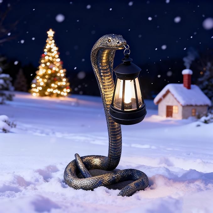 Solar Garden Outdoor Statues Snake with Solar Lights Outdoor Chrismtas Decorations - Lawn Decor Snake Statue for Patio, Balcony, Yard Ornament - Unique Housewarming Gifts（11.22" Brass Color