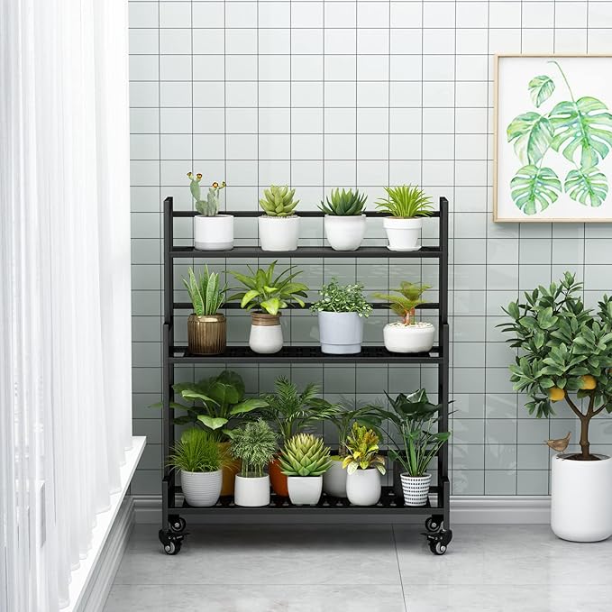 Plant Stand Indoor 3 Tier Metal Outdoor Tiered Stands Shelf With wheel for Multiple Plants Potted Ladder Plant Holder Table Plant Pot Stand for Window Garden Balcony Living Room (3 Tier-Black)