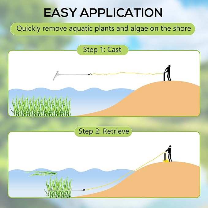 Floating Lake Rake, 36" Aluminum All Purpose Lake and Landscape Rake with 11' Extension Handle and 52' Rope, Weed & Algae Removal