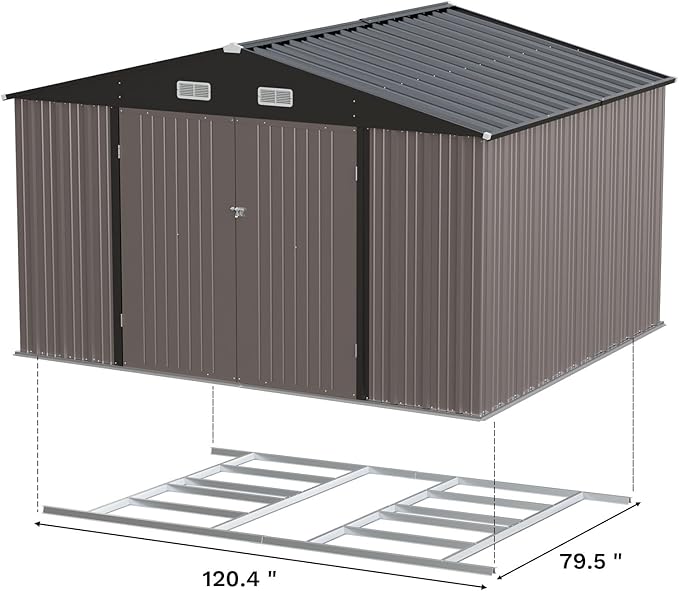 Patiolife Outdoor Storage Shed 10x8 FT with Floor Frame, Garden Tool Metal Shed with Sloping Roof and Double Lockable Door for Backyard Garden & Patio, Brown