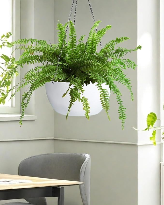 vensovo 12 Inch Large Hanging Planters for Outdoor Plants - 2 Pcs Plastic Hang Planter Flower Pot Baskets with Drainage Holes and Chain, Plant Pots for Home Garden Decor, White