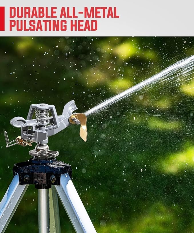 YAMATIC Impact Sprinkler on Adjustable Tripod Base, 360 Degree Large Area, Heavy Duty Adjustable Pulsator Sprinkler for Lawn, Yard and Grass Irrigation, Spray up to 20-90ft(Zinc Head)