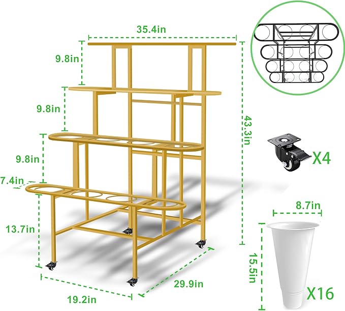 Floral Display Stand with 16 White Flower Baskets, 4-Layers Cart Display Stand with Wheels ,Sturdy Mobile Flower Bouquet Rack for Courtyard, Garden, Flower Shop, Living Room, Balcony, with Lockable Rotating Wheels (Gold)