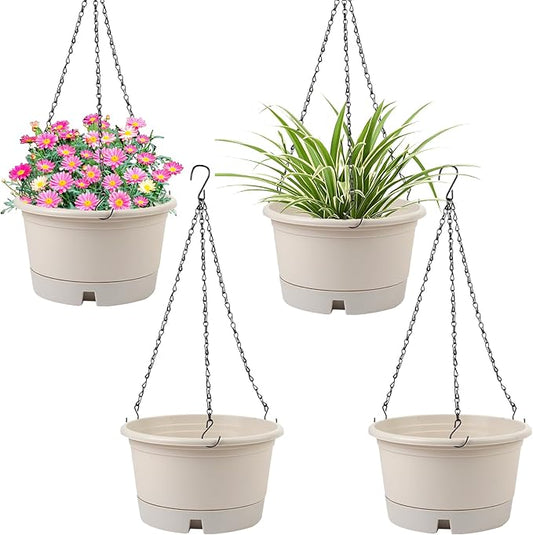 10 Inch Hanging Planters for Indoor Plants, 4 Pack Plastic Hanging Baskets with Removable Trays & 15.7" Chain, Outdoor Hanging Plant Pot for Home Garden Porch Balcony Patio Decor (Beige)