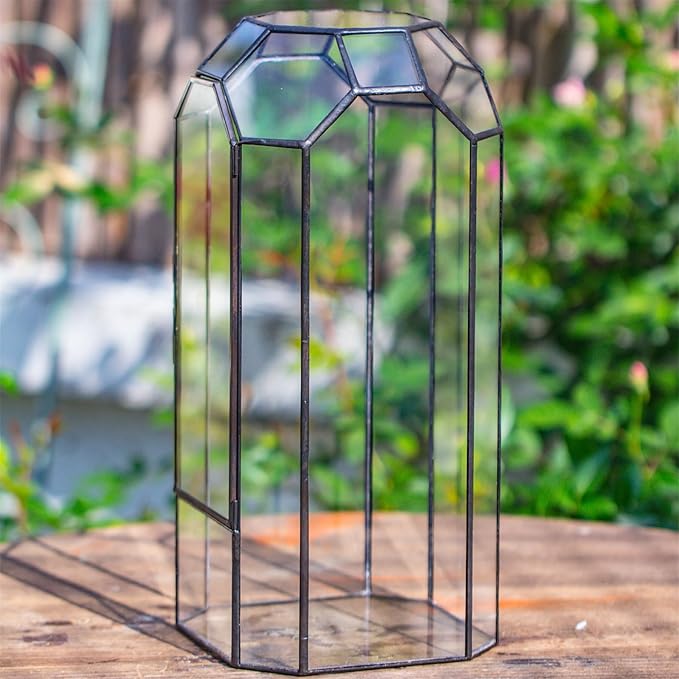 NCYP Glass Geometric Plant Terrarium with Door for Succulent Plants, Cacti - 5.5"x5.5"x12.8" - Indoor Vintage Tall Octagon Planter, Home Garden Office Tabletop Decoration (Terrarium Only)