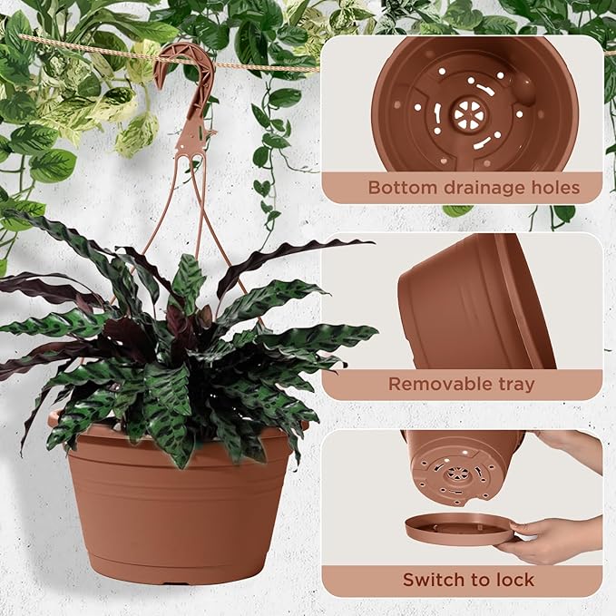 VIDELLY 4 Pcs Hanging Planters for Indoor Plants,10" Large Plastic Hanging Basket Pots with Drainage Trays & Chain Holder for Outdoor Indoor Plants Garden Balcony Decoration, Brown