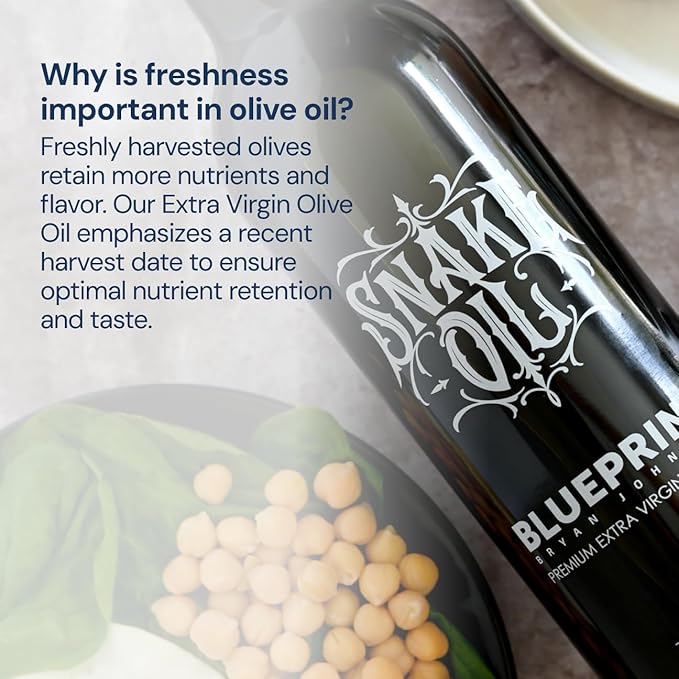 Blueprint by Bryan Johnson Olive Oil – Snake Oil- High Polyphenol Extra Virgin Olive Oil (400+ mg/kg) – Cold Pressed, Early Harvest, First Cold Press EVOO – Keto, Paleo, Non-GMO – 750ml Glass Bottle