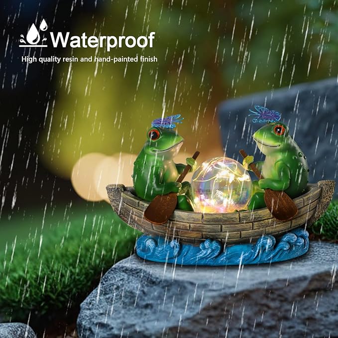 Solar Frog Boating Garden Statue with Ball Light 5.1" Resin Frogs Decor for Home Front Door Patio Porch Balcony Women Gardeners Moms Wives Girlfriends