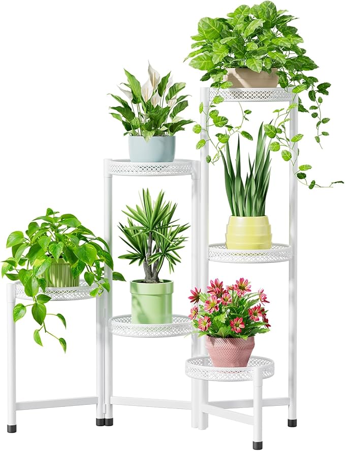 iDavosic.ly Plant Stand Indoor Outdoor, 6 Tier Corner Metal Flower Display Holder Shelf, Easy Assembly Folding Tall Orchid Rack for Patio Balcony Porch Garden Living Room House, Wrought Iron - White