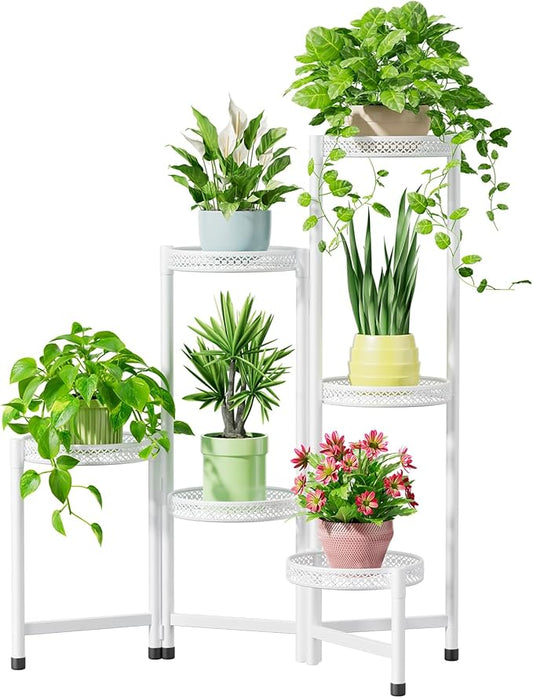 iDavosic.ly Plant Stand Indoor Outdoor, 6 Tier Corner Metal Flower Display Holder Shelf, Easy Assembly Folding Tall Orchid Rack for Patio Balcony Porch Garden Living Room House, Wrought Iron - White