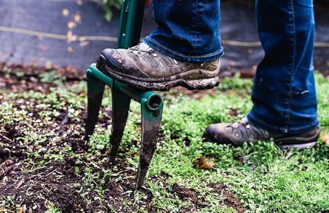 Raised Bed Garden Fork - Green, 9" Tines, 12" Width, 25.5" Height, 8 lbs, Manual Operation, Metal