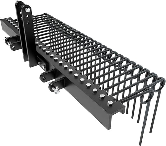 60 in Pine Straw Needle Rake, 3 Point Landscape Rake, Powder Coated Steel Spring Tow Behind Rakes, Tractor Attachments for Leaves Straw Grass Attach to Cat 0 Cat 1, Black