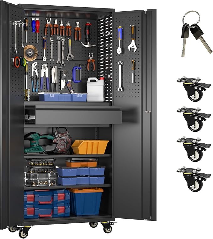 71" H*15" D*30" W Garage Storage Cabinet with Wheels and Doors,Lockable Metal Storage Cabinet with Pegboard Hooks and Drawer for Garage Warehouse Home,Required Assembly,Black