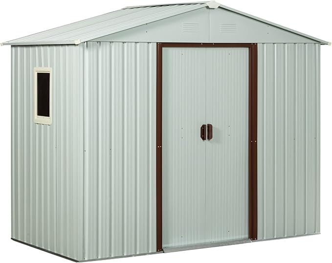 6 x 5 FT Outdoor Storage Shed, Metal Garden Shed with Floor Frame, Tool Shed Outdoor Storage with Lockable Sliding Doors & Window & Air Vents, Storage House Waterproof for Backyard, Lawn, White