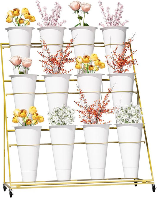Flower Display Stand, 3 Layers Plant Stand with 4 Wheels and 12 Large Capacity Round Buckets, Easy to Install, Moving Bouquet Shelf for Indoor & Outdoor, Wedding, Hotel, Florist, Garden (3 Layers Golden White)
