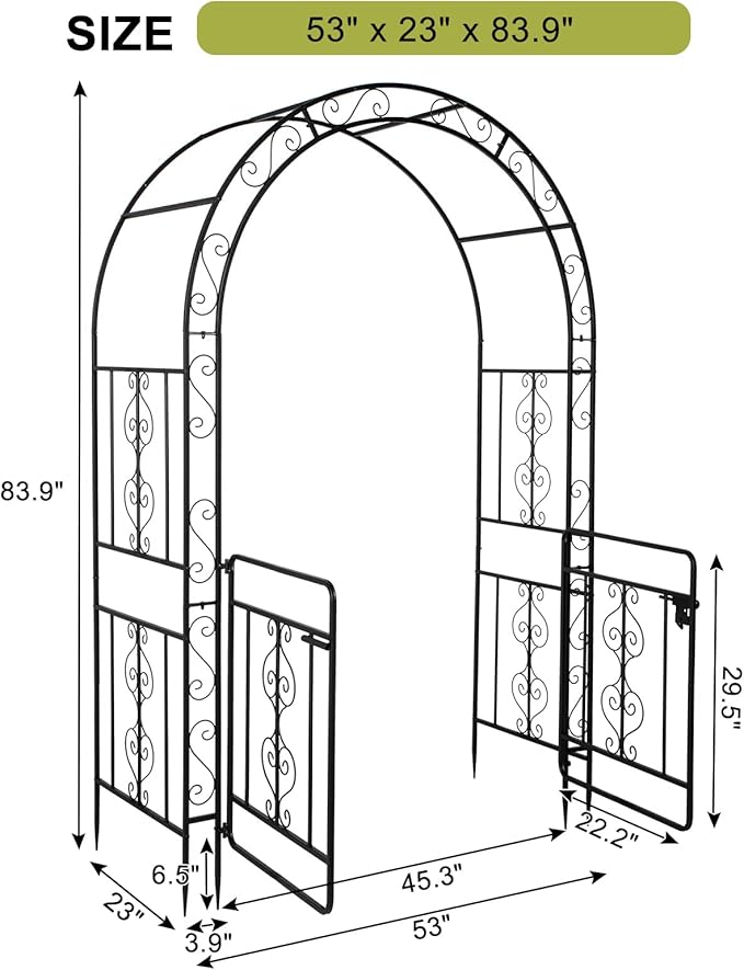 Garden Arbor with Gate, 7FT Wedding Arches for Ceremony, Metal Garden Arch for Climbing Plants Outdoor, Black Garden Archway for Lawn, Patio and Backyard, Includes Ground Stakes