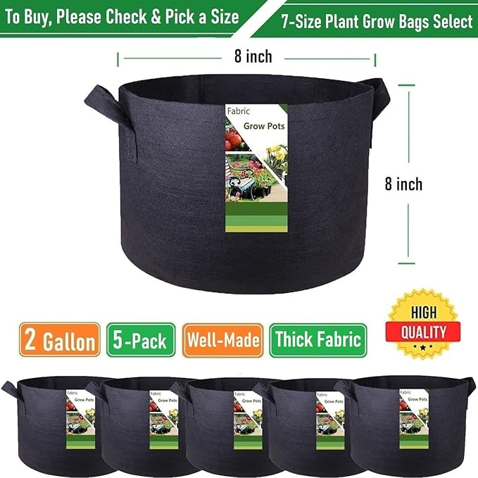 5-Pack 2 Gallon Plant Grow Bags (8x8 inch) Thickened Fabric Plant Pots Gardening Bags for Flower Pots,Plant Nursery Bag,Garden Pot,Herbs Veggies Planter Bag,Barrel Planter,Garden Containers W/ Gloves