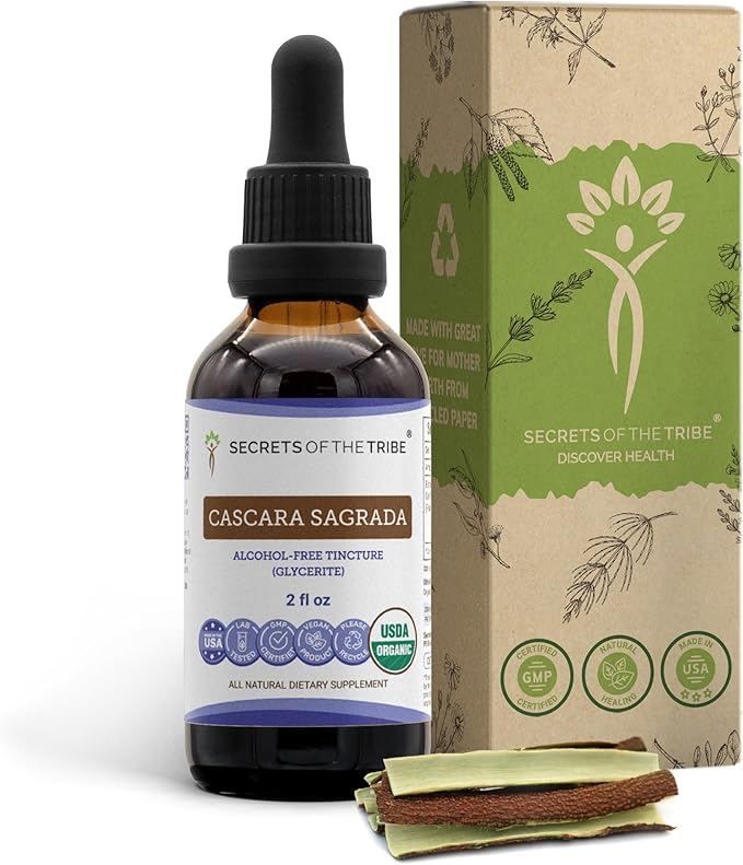 Secrets of the Tribe Cascara Sagrada USDA Organic | Alcohol-Free Extract, High-Potency Herbal Drops | Made from 100% Certified Organic Cascara Sagrada (Frangula purshiana) Dried Bark (2 oz)
