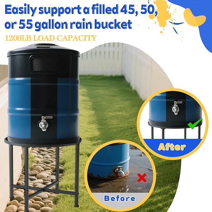 Rain Barrel Stand Heavy-Duty Stainless Steel- Supports 45/50/55 Gallon Plastic Barrels, Outdoor Weatherproof, Rust-Proof, 1200lb Load Capacity