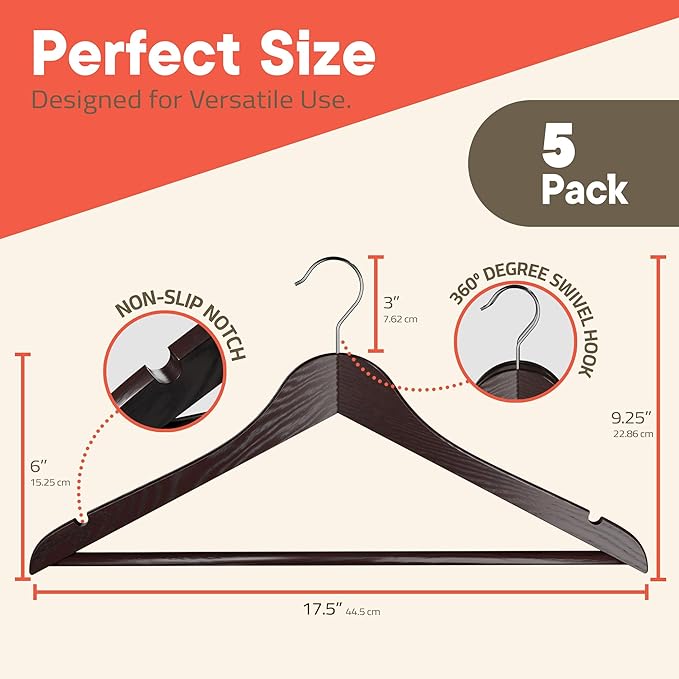 Cherry Wooden Hangers 5 Pack – Heavy-Duty with 360° Swivel Hook, Non-Slip, Pants Bar & Shoulder Grooves - Wooden Hangers for Suits, Jackets, Dresses & Camisoles, Space-Saving and Smooth Finish