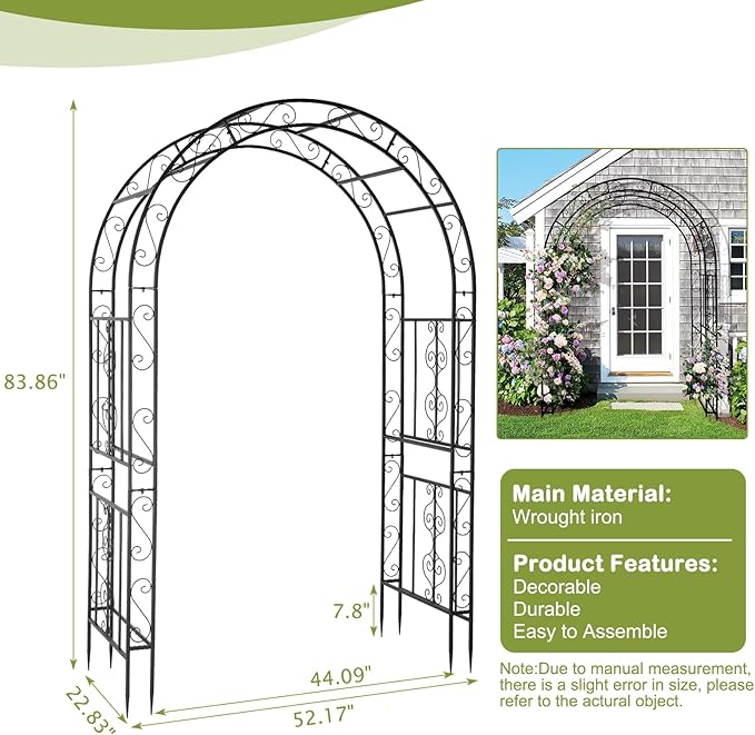 Outvita 7FT Garden Arch Arbor with Entry Door, Heavy Duty Metal Arbour Archway, Decorative Frame Stand Trellis with Ground Stakes for Wedding Ceremony Party Plant Climbing Rose Vines Patio Black