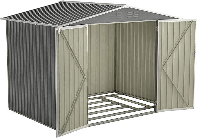 8x6 ft Outdoor Waterproof Metal Storage Shed with Foundation Floor Frame, Lockable Hinged Doors & Air Vents, All Weather Garden Tool Shed for Backyard Lawn, Galvanized Steel - Grey