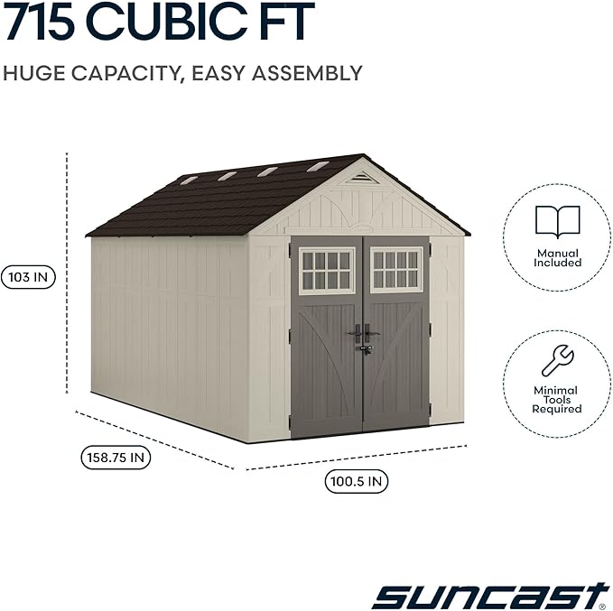 Suncast 8x10 Ft. Outdoor Storage Shed - Large Resin Outdoor Shed with Floor Included, Lockable Double Doors & Skylights. 547 Cu Ft Tremont Garden Plastic Sheds for Lawn Tools, Riding Mowers, & Bikes