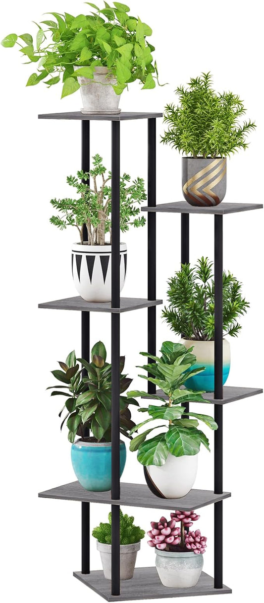 Tall Plant Stand Indoor, 6-Tier Modern Plant Shelf for Multiple Plants, Wood Metal Flower Holder for Living Room Balcony Bedroom, Oak Grey