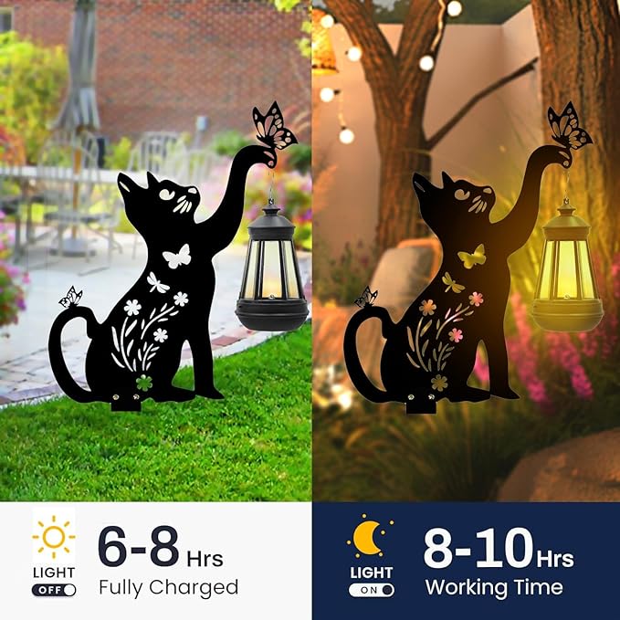 Black Cat Solar Lights Outdoor Garden - 2 Pack Solar Lights Outdoor Garden Decor Stake with Butterfly Decorative Metal Housewarming Ornament for Yard Lawn Patio – Unique Gift Ideas for Christmas