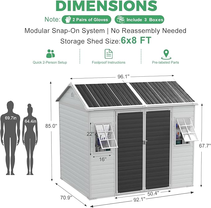 6x8 FT Plastic Storage Sheds Outdoor with Floor and Openable Window, Utility All-Weather Resin Shed Easy to Install, Large Sheds & Outdoor Storage/Tool Shed for Garden & Backyard, Gray